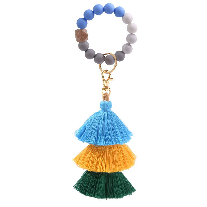 Wholesale Three Layer Cotton Tassel Silicone Bead Bracelet Keychain
